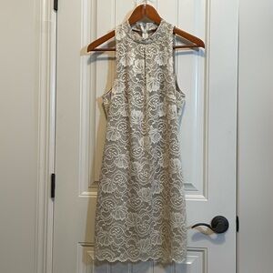 Love•Fire  M  Ivory Lace High-Neck Mini Dress w Coppery Champagne color Lining